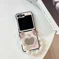 Pink faux leather phone case with rhinestone heart mirror and large pearl wrist strap - Snake Pattern Crown Mirror Pearl Chain Pink / Samsung ZFlip3