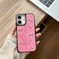 Close-up of pink snake skin leather phone case with rhinestone miu logos and camera ring - Large Hole Snakeskin Rhinestone Rose Red / iPhone 17 Pro Max