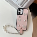 Pink wrinkled leather case for iPhone with silver butterfly charms and pearl strap - Pink / iPhone 17 Pro Max