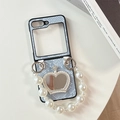 Detail of blue snake texture phone case for Samsung Z Flip with crown mirror and pearl chain - Snake Pattern Crown Mirror Pearl Chain Blue / Samsung ZFlip3
