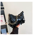 Detail of black sequined underarm bag with thick gold chain strap and moon-shaped design - Black