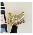 Detailed view of shimmering gold sequin crescent bag with chunky metal chain handle - Gold