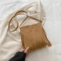 Brown suede crossbody bag with decorative fringe and adjustable strap in a boho style - Khaki
