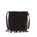 Dark brown suede crossbody bag with long fringes in bohemian style on white background - Brown