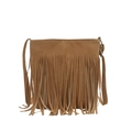 Bohemian brown suede shoulder bag with vintage long tassels and adjustable strap - Khaki