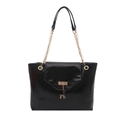 Minimalist black glossy leather tote bag with gold chain handles and deer charm - Black