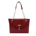 Elegant red leather tote bag featuring gold chain handles and a deer pendant charm - Red