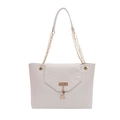 Beige tote bag with gold chain strap, triangle flap and deer pendant on white background - White
