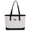 Minimalistische beige gewebte Tragetasche mit schwarzem Lederbesatz und Logo - Schwarz