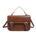 Retro brown PU leather crossbody bag with top handle and silver buckle accents - Brown