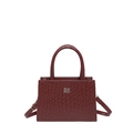 Burgundy woven texture small square tote bag with adjustable shoulder strap and top handles - Red