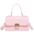 Elegant pink leather mini square handbag with gold metal clasp and adjustable strap - Pink