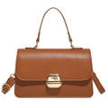Minimalist caramel brown PU leather handbag with gold metal clasp and top handle - Brown