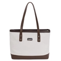 Minimalistische Canvas-Tasche mit braunem Lederbesatz und Metallplatte für die Freizeit - Braun