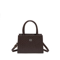 Dark brown woven leather crossbody bag with top handle and silver metal logo lettering - Brown