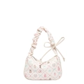 Cute white printed hobo bag with pleated strap and rabbit bear patterns for women - White