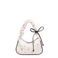 Quilted white tote bag with cute cartoon prints, black ribbon bows and ruffled handles - Black