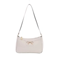 Elegant cream baguette shoulder bag with gold bow ornament and floral zipper charm - White