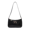 Minimalist black patent leather underarm bag featuring a golden bow and flower charm - Black
