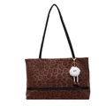 Borsa tote leopardata con cinturini in pelle nera e ciondolo a forma di peluche - Caffè con Pendente