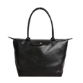 Bolso tote grande de cuero negro con solapa y asas largas para uso diario - Negro