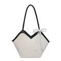 Borsa tote beige minimalista con apertura a V, bordi neri e fiocco in pizzo decorativo - Bianco