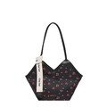 Grote zwarte shopper met kersenprint voor dames met V-vormige opening en modieuze riem - Zwarte Kers