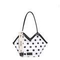 Polkadot emmertas met contrasterende lederen handvatten en vintage patchwork design - Witte Stippen