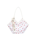 Witte tote bag met kersenprint, kantstrik en stijlvolle brede schouderband op wit - Witte Kers