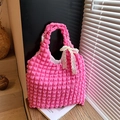 Pink pleated bubble tote bag with white lace bow and textured fabric finish - Rose Pink / One Size (With Scarf)