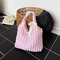 Sweet pink puffy tote bag with bubble texture and white lace bow decoration - Light Pink