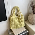 Light yellow seersucker tote bag with a lace bow on a silver suitcase - Yellow