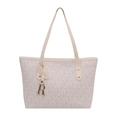 Minimalistische beige gemusterte Tragetasche mit Goldnieten und R-Anhänger-Charm - Weiß