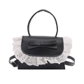 Borsa a tracolla in PU nero con bordo in pizzo bianco e un grazioso fiocco in pelle - Nero