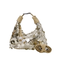 Chique gouden pailletten onderarmtas met beige lederen handvatten en afneembare riem - Goud