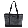 Gray marble pattern tote bag with black leather trim and handles on white background - Black