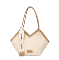Straw tote bag with brown leather handles and V-shaped opening for beach vacation - Khaki
