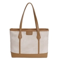 Large capacity beige canvas tote bag with brown leather trim and shoulder straps - Khaki