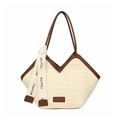 Straw tote bag with brown leather trim and decorative ribbon for summer beach vacations - Brown