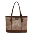 Vintage brown tote bag in textured fabric with leather handles and central logo patch - Brown