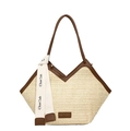 Straw tote bag in beige with brown leather handles and decorative brand ribbon - Coffee & Khaki