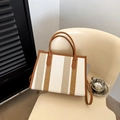 Retro striped canvas tote bag in brown and beige with leather handles for women - Off White