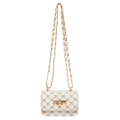Mini white crossbody bag with vintage brown pattern and golden metal chain strap - White