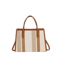 Classic striped canvas tote bag with brown leather trim and detachable shoulder strap - Off White