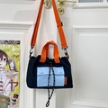 Bolso tote pequeño de lona azul marino con asas naranjas y correa de hombro ajustable - Azul marino