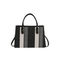Striped canvas tote bag with black leather handles and long shoulder strap in large size - Black