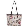 Damen-Tragetasche in Creme mit bunten Hongkong-Graffiti-Motiven und braunen Ledergriffen - Braun
