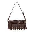 Deep brown punk shoulder bag with pleated faux leather, silver grommets, and metal buckles - Brown