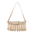 Chic beige Y2K shoulder bag with pleated leather texture and metallic eyelets finish - White