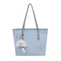 Light blue large tote bag with textured grid patterns and rainbow butterfly embroidery - With Charm / Blue